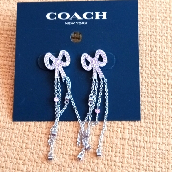 Coach Bow Dangle Swarovski Pink Earring studs Rhodium Plated nwt - Picture 1 of 4
